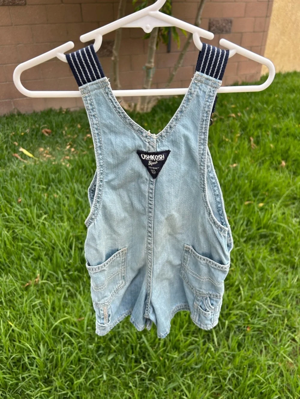 OshKosh B'gosh Light Blue Denim Short Overalls with Navy Striped Straps